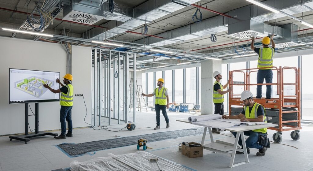 EIG Power team working on interior fit-out, microcement, electrical, and HVAC projects in a modern UAE property, showcasing professional expertise
