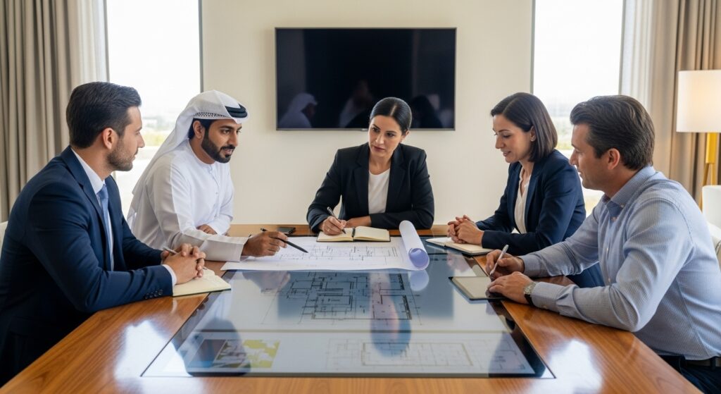 EIG Power team collaborating on project plans, representing company vision and mission in the UAE.